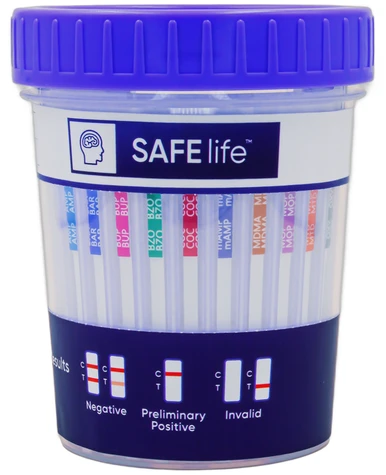 13 Panel SAFElife™ T-Cup® Rapid Drug Test with EtG/Alcohol, Fentanyl, Tramadol from Wondfo USA showing Drug Test Strips