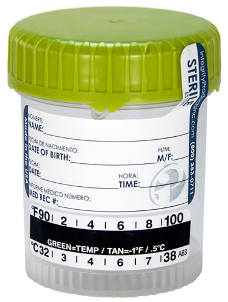 Specimen Container, 60mL x 48mm, Green Cap, Non-Sterile, Temperature Strip, Security Tab Label, 500/CS
