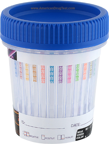 Healgen Scientific 12 Panel CLIA Waived Urine Drug Test Cup from American Drug Test showing Drug Test Strips