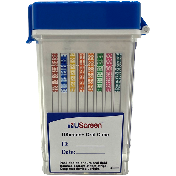 UScreen Oral+™ Multi-Drug 16 Panel Oral Fluid Flip-Top Cube Test with ETG, FYL, K2, TRA, Item # USSORAL+16ALCFKT-FUO