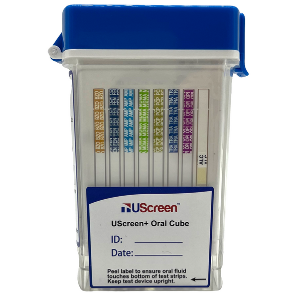 UScreen Oral Plus™ 10 Panel Saliva Oral Saliva Flip-Top Cube Drug Test with Saliva Saturation Indicator, Employment Use Approved (EUA), Item # USSORAL+10-EUO, 25/Box