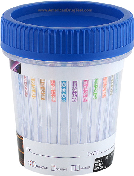 Healgen Scientific 12 Panel CLIA Waived Urine Drug Test Cup from American Drug Test showing Drug Test Strips
