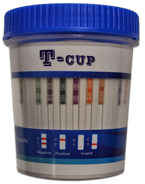 Wondfo USA T-cup drug test screen for the detection of 5 to 14 drugs of abuse.