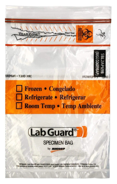 LabGuard® MiniGrip Specimen Transport Zip Bag, 6×9, Double Pouch, Orange/Black Biohazard, Absorbent Pad, 1000/Case