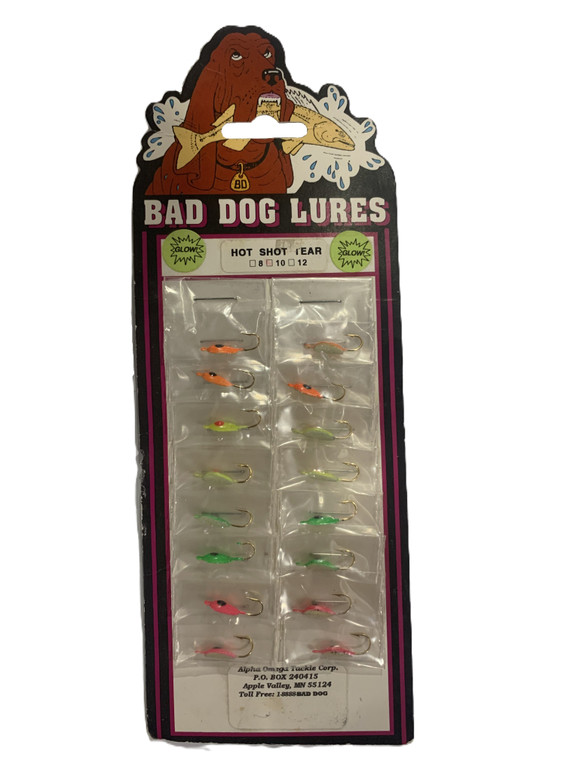 Full card of 16 Bad Dog Lures Hot Shot Tears. 4 different colors, all of which being glow in the dark.