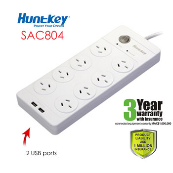 Huntkey 8 Outlet Surge Protected PowerBoard with Dual 5V 2.1A USB Ports Product Image 2