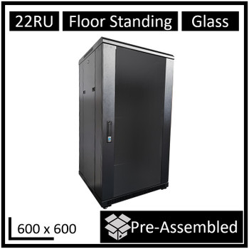 LDR Assembled 22U Server Rack Cabinet (600mm x 600mm) Glass Door - 1x 8-Port PDU - 1x 4-Way Fan - 2x Fixed Shelves - Black Metal Construction Main Product Image