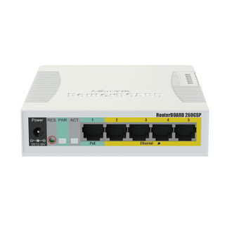 MikroTik CSS106-1G-4P-1S RB260GSP 5-port Gigabit smart switch with SFP cage, SwOS, plastic case, PSU, POE-OUT Main Product Image