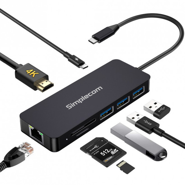 Simplecom CHN580 USB-C SuperSpeed 8-in-1 Multiport Hub Adapter Dock, 1x Gigabit Ethernet, 4K HDMI Output, 3x USB-A Ports, USB-C PD Charging Product Image 2