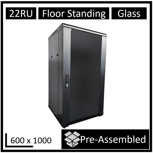 LDR Assembled 22U Server Rack Cabinet (600mm x 1000mm) - Glass Door - 1x 8-Port PDU - 1x 4-Way Fan - 2x Fixed Shelves - Black Metal Construction Main Product Image