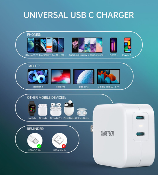 Choetech PD6009 40W Dual Fast USB C Charger 2-Port 20W PD 3.0 With Foldable Plug Product Image 3