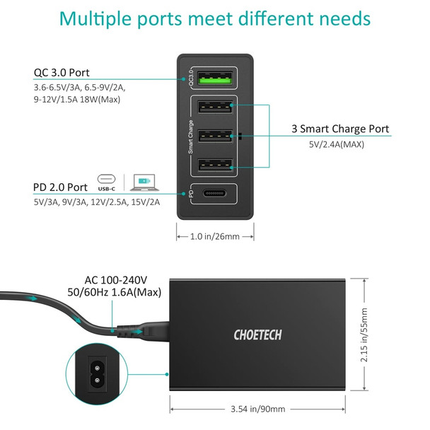 Choetech Q34U2Q 5-Port 60W PD Charger with 30W Power Delivery and 18W Quick Charge 3.0 Product Image 4