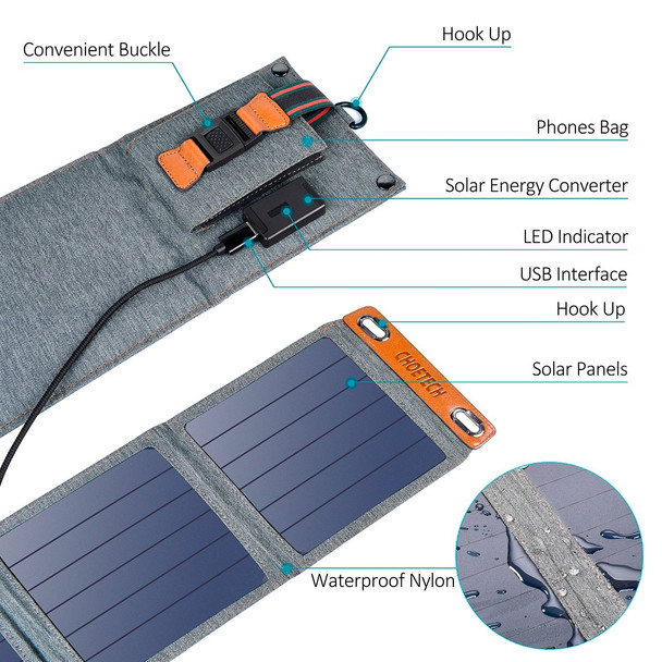 Choetech SC004 14W USB Foldable Solar Powered Charger Product Image 5