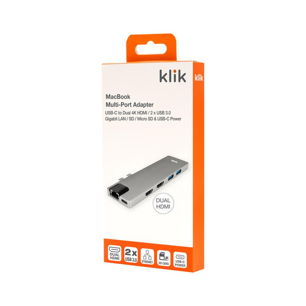 Klik MacBook Dual USB-C Multi-Port Adapter - 2 x HDMI - LAN - 2 x USB3.0 - USB-C PD - Micro SD - SD Product Image 2