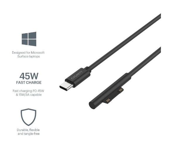 Cygnett USB-C To Microsoft Surface Laptop Cable (1M) - Black (CY3034USCMS) - Support 45W Fast Charging - Magnetically Connects to Surface Device Main Product Image