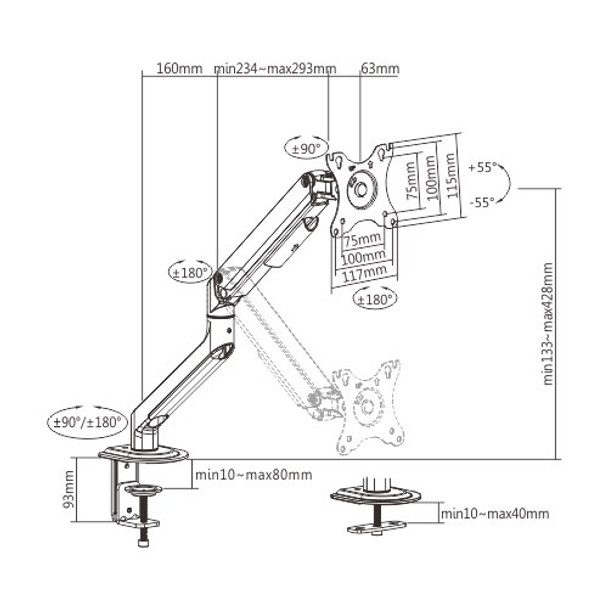 Brateck Single Monitor Economical Spring-Assisted Monitor Arm Fit Most 17in-32in Monitors - Up to 9kg per screen VESA 75x75/100x100 Matte Grey Product Image 2