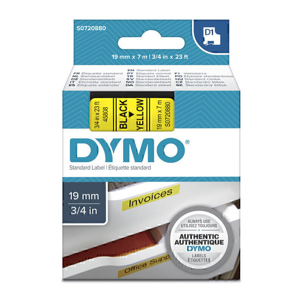 Dymo D1 Blk on Yell 19mmx7m Tape Main Product Image