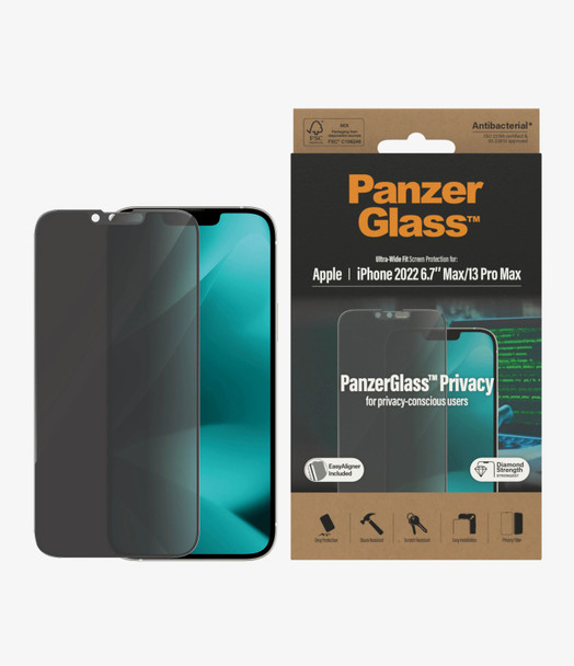 PanzerGlass Apple iPhone 14 Plus/13 Pro Max Privacy Screen Protector Ultra-Wide Fit - (P2785) - Antibacterial - Scratch Resistant - Shock Resistant Main Product Image