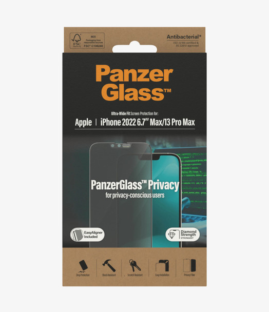 PanzerGlass Apple iPhone 14 Plus/13 Pro Max Privacy Screen Protector Ultra-Wide Fit - (P2785) - Antibacterial - Scratch Resistant - Shock Resistant Product Image 3