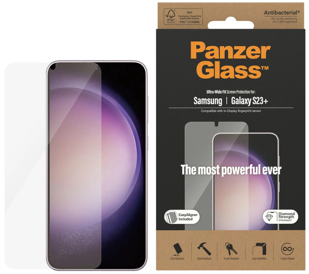 PanzerGlass Samsung Galaxy S23+ 5G (6.6in) Screen Protector Ultra - Wide Fit - (7316) - AntiBacterial - Drop Protection - Include EasyAligner Main Product Image