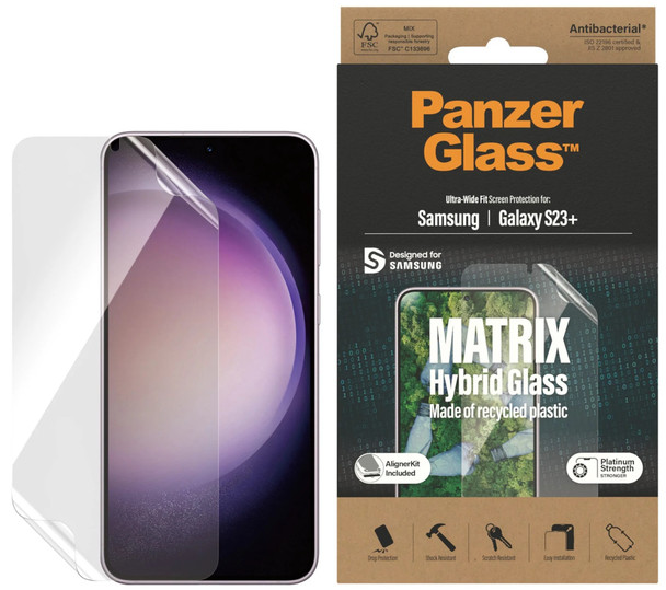 PanzerGlass Samsung Galaxy S23+ 5G (6.6in) Matrix Hybrid Screen Protector Ultra - Wide Fit - (7319) - AntiBacterial - Drop Protection - Include EasyAligner Main Product Image