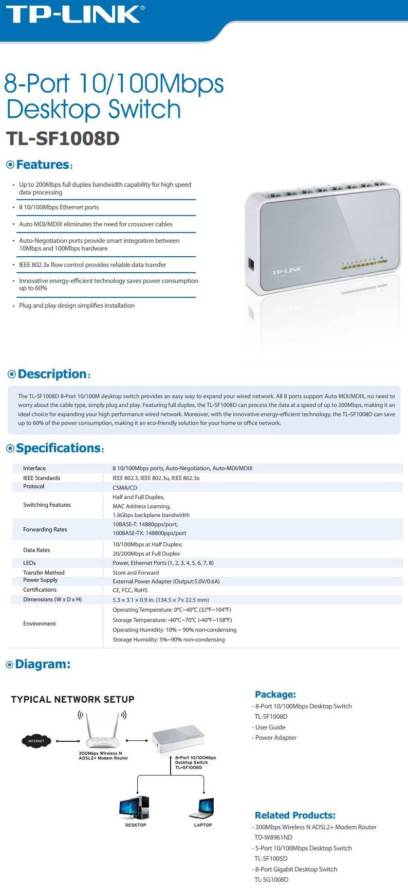 TP-LINK 8 Port 10/100Mbps Desktop Switch TL-SF1008D