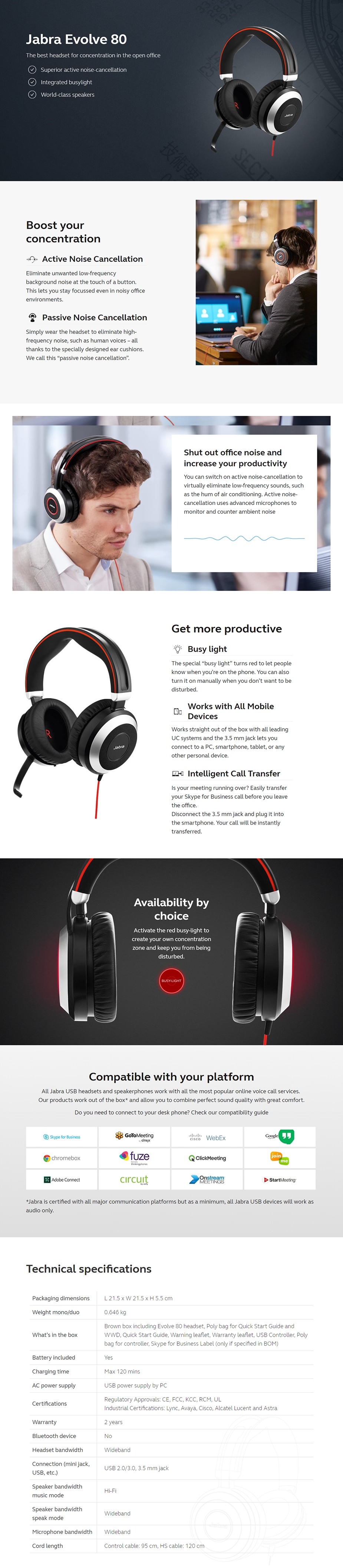 Jabra Evolve 80 headset with active noise cancellation