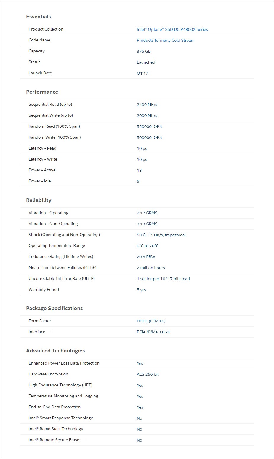 Intel Optane DC P4800X Series 375GB HHHL (CEM3.0) PCIe SSD