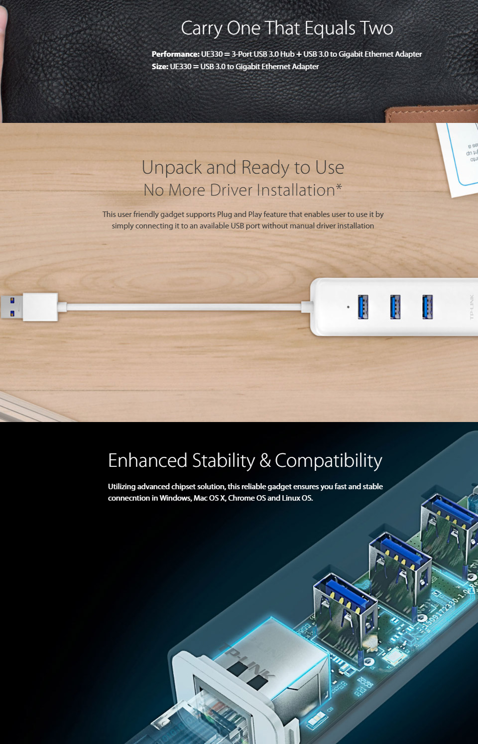 UE330, USB 3.0 3-Port Hub & Gigabit Ethernet Adapter 2 in 1 USB Adapter