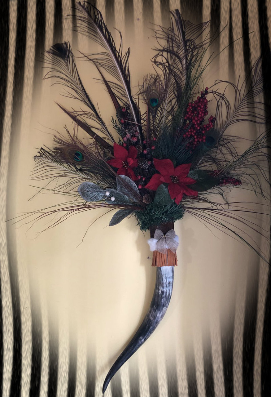 Peacock Feather Decorated Longhorn Slow Water Trading Post