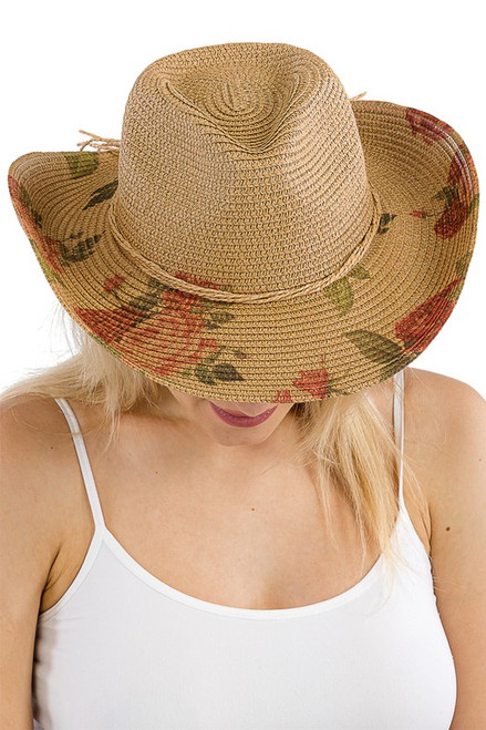Rose print straw Cowgirl hat.