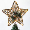 26cm Vintage Rattan Star Christmas Tree Topper with Pine Cone Berries and LED Lights