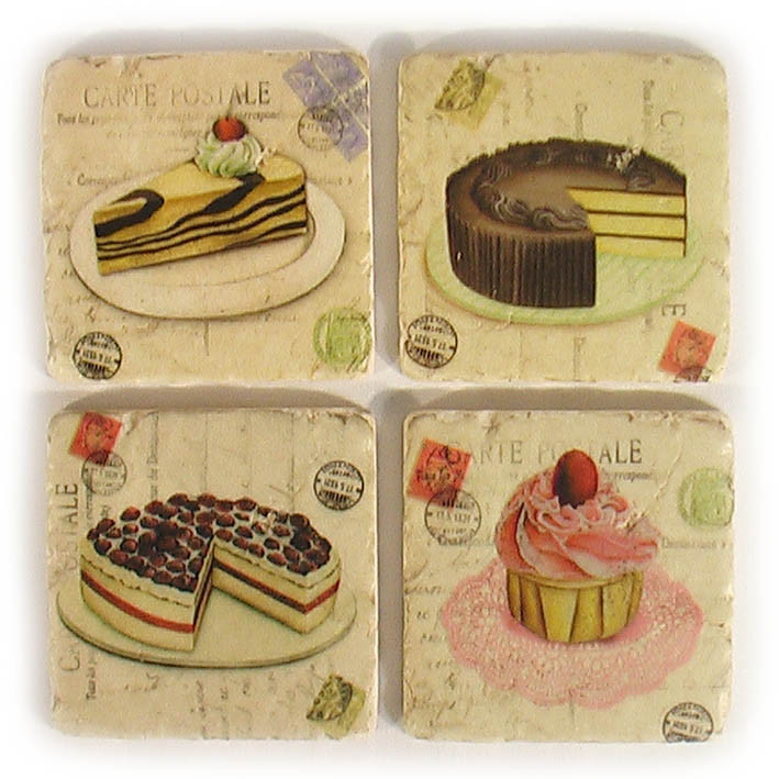 Set 4 French Country Shabby Chic Marble Look Cake Coasters