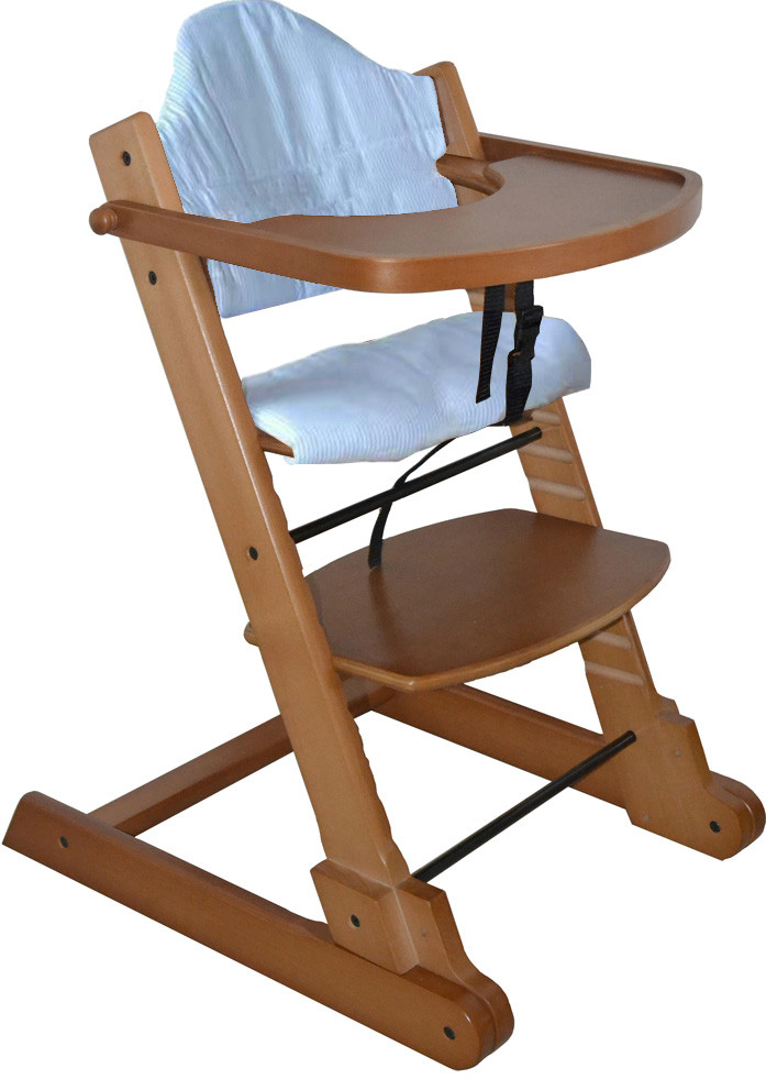 Baby High Chair Maple Solid Wood w/Tray Pad Safety Straps