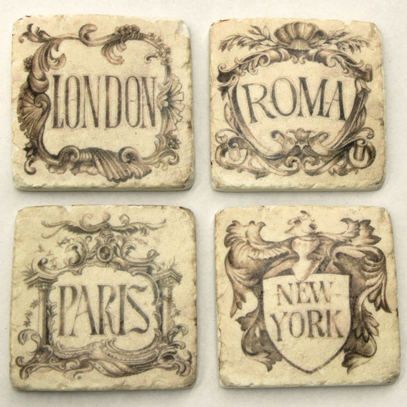 Set 4 Shabby Chic Marble Look City Coasters and Iron Stand