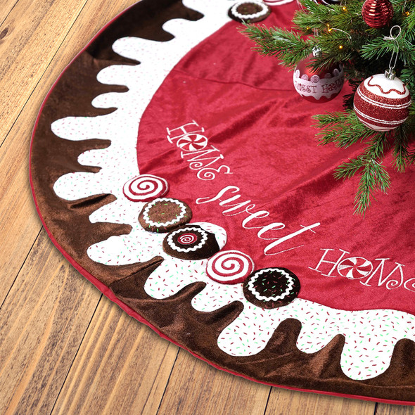 122cm Red White Christmas Tree Skirt Embroidered Home Sweet Candy