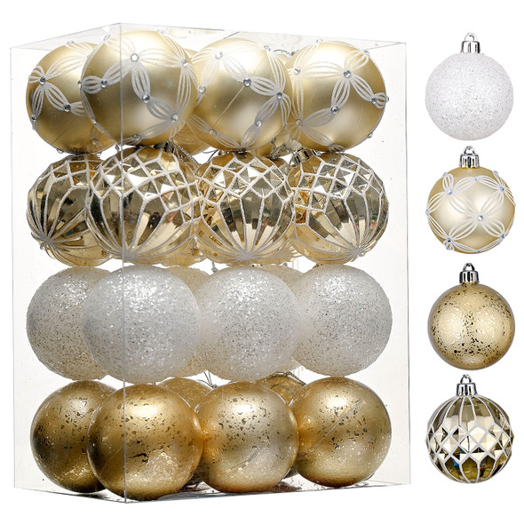 24pcs 6cm White Gold Christmas Bauble Ornaments