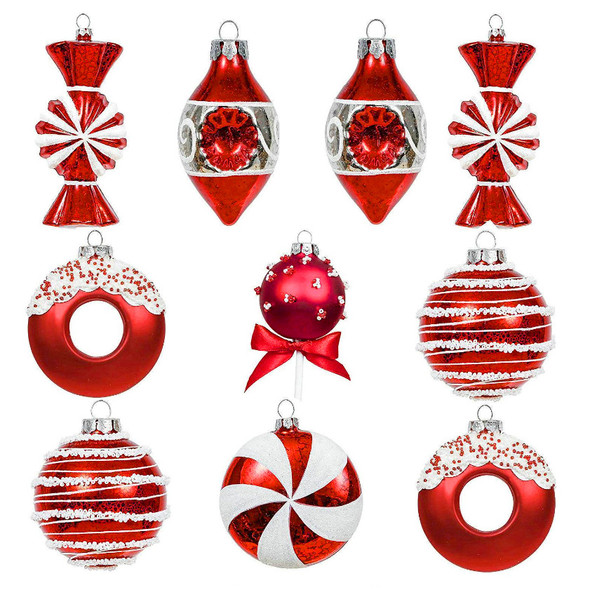 Set of 10 Luxury Candy Red White Glass Christmas Ornaments