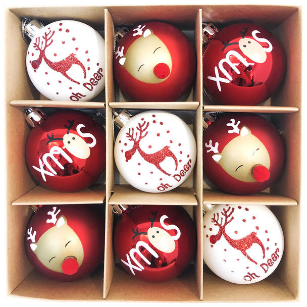 9pcs 6cm Red White Reindeer Christmas Bauble Ornaments