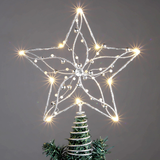 26cm Silver White Christmas Star Tree Topper with LED Lights