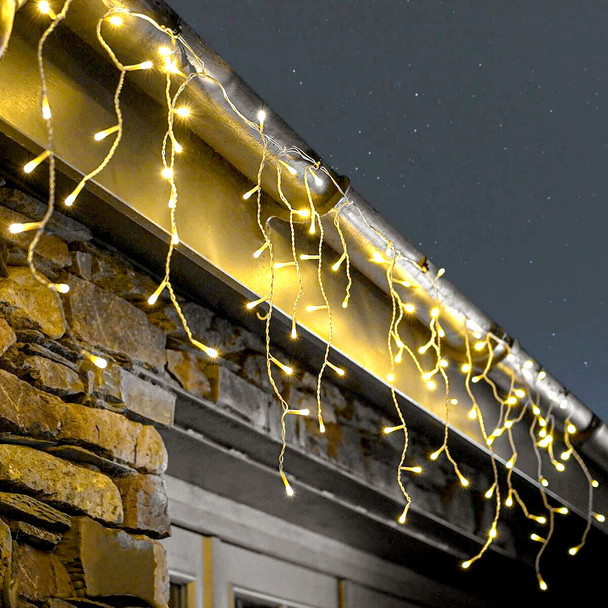 LED warm white icicle lights clear wire
