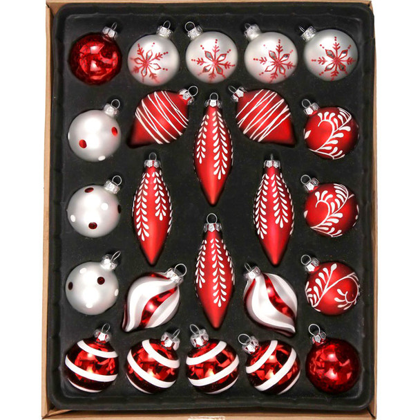 Set of 24 Red and Silver White Glass Christmas Ornaments