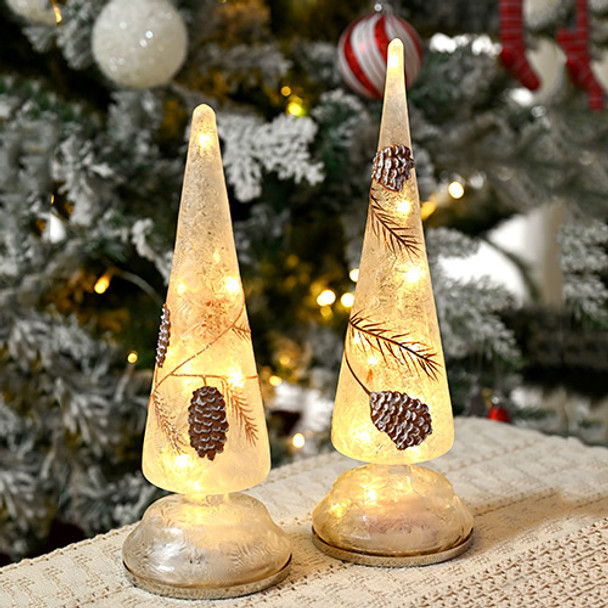 Set 2 Christmas Glass Tree with Pine Cone Twigs Patterns and LED Lights, 36/32cm Tall