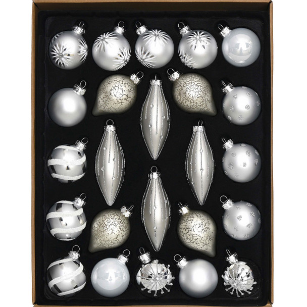 Set of 24 Luxury Silver Grey Glass Christmas Ornaments 6-10.5cm