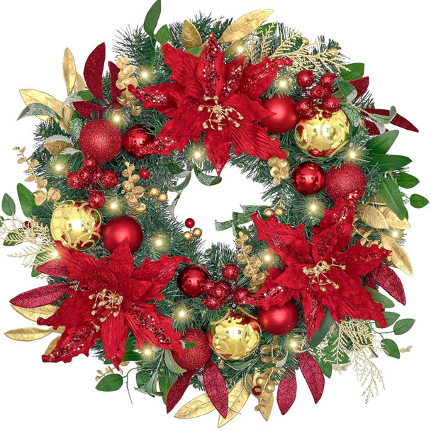 61cm Christmas Wreath with Red Gold Ball Poinsettia and LED Lights