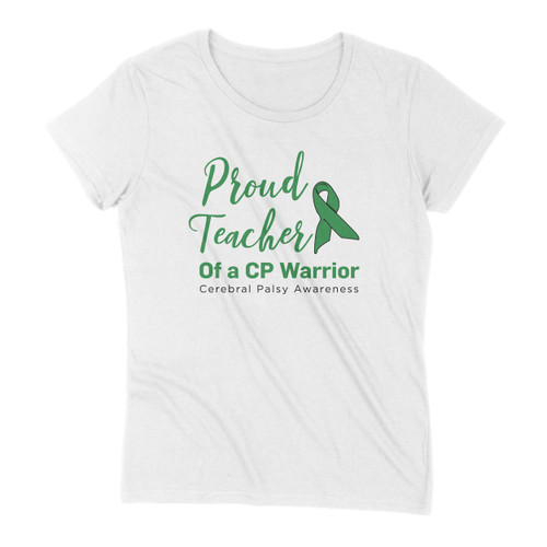 White shirt with phrase Proud Teacher Cerebral Palsy Awareness and green ribbon