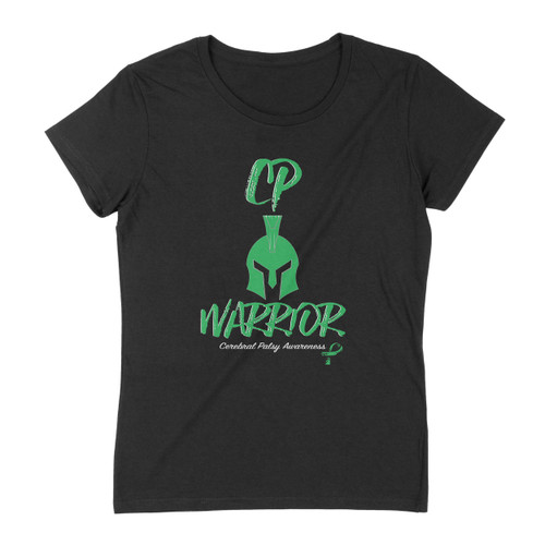 Black women's t-shirt with helmet CP Warrior logo and green ribbon