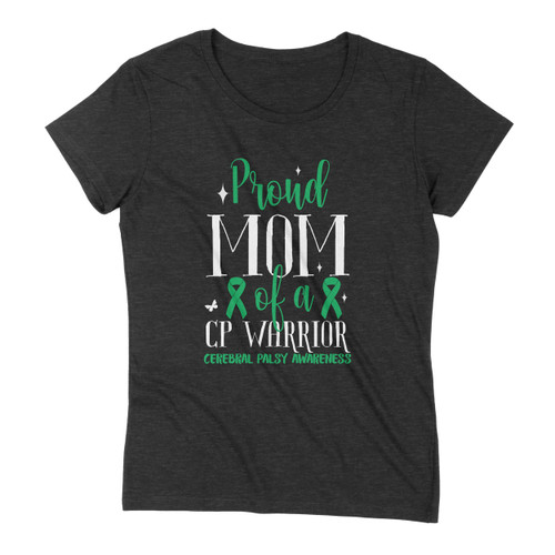 Dark Heather Proud Mom with 1960's Style Font with Green Text Women's Shirt