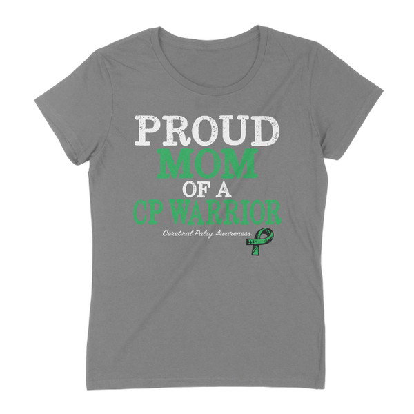 Asphalt shirt with phrase Proud Mom of a CP Warrior with green ribbon