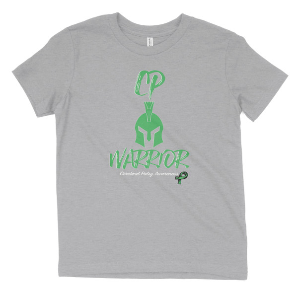 Athletic Heather CP Warrior with green ribbon and helmet youth shirt